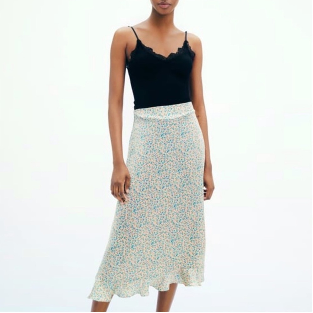 Zara Floral Print Satin Midi Skirt